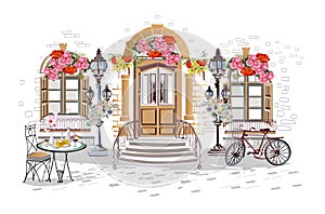 Series of backgrounds decorated with flowers, old town views and street cafes. photo